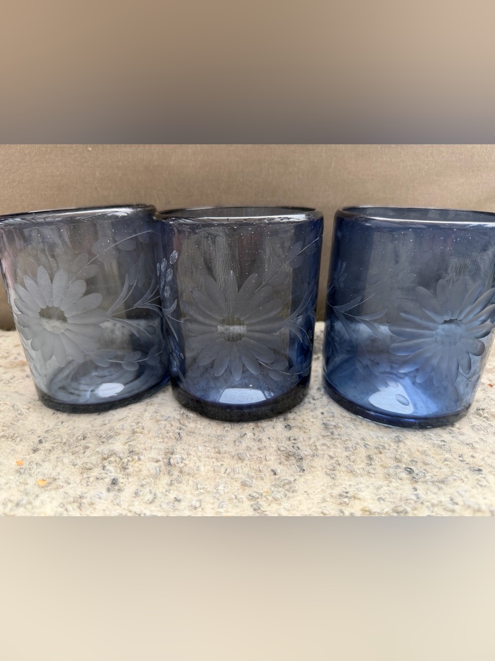 MEXICAN HAND-ETCHED OLD FASHIONED GLASS - DARK BLUE. Set 3